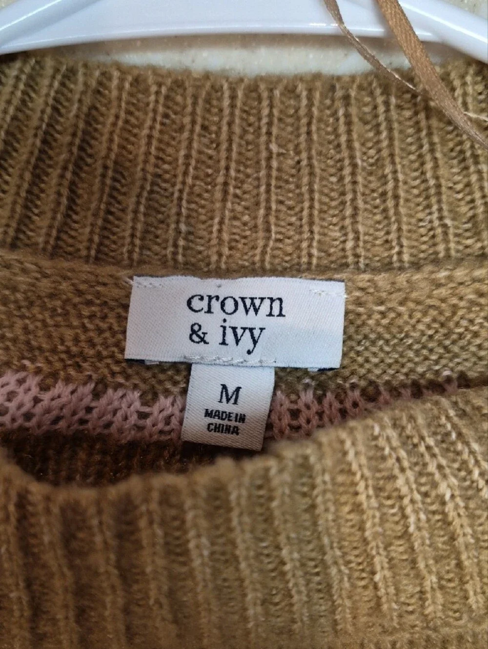 crown & ivy Cream Fair Isle Crewneck Sweater with Tan and Pink Accents